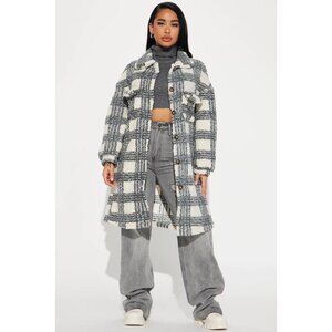 NWT Grace + Emma Plaid Shearling Long Jacket Teddy Sherpa Shacket Gray Cream S/M
